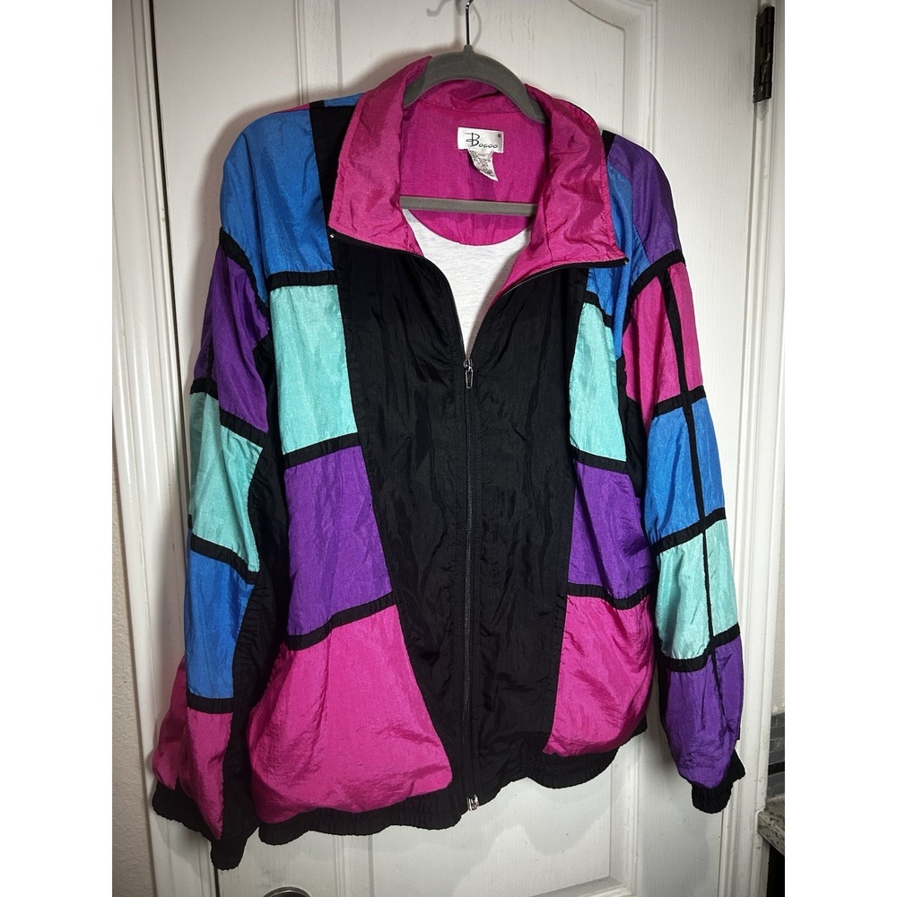 Vtg Bocoo Windbreaker Color Bright Color Blocks Full Zip Women's Sz L 90s 80s
